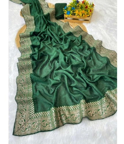 Women's Silk Embroidred Saree With Unstitched Blouse 5.5Mtr (Dark Green)