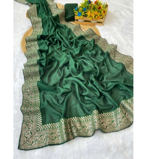 Women's Silk Embroidred Saree With Unstitched Blouse 5.5Mtr (Dark Green)