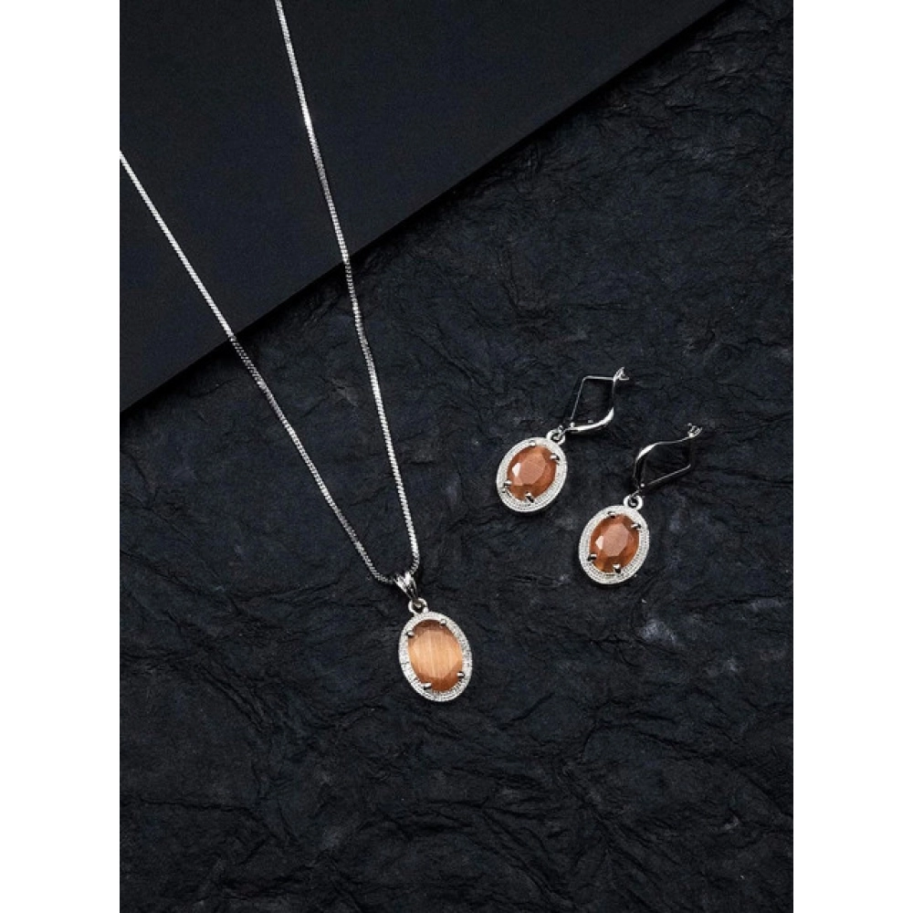Women's Brass Silver Plated Pendant Set (Orange)