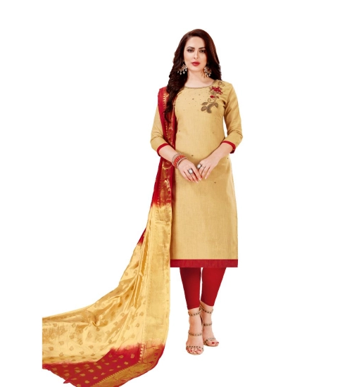 Women's Slub Cotton Unstitched Salwar-Suit Material With Dupatta (Sandel, 2-2.5mtrs)