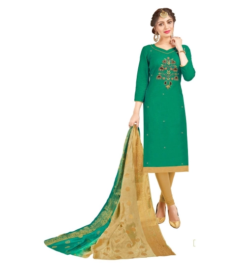 Women's South Slub Cotton Unstitched Salwar-Suit Material With Dupatta (Green, 2-2.5mtrs)