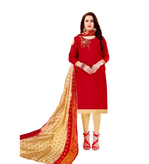 Women's Slub Cotton Unstitched Salwar-Suit Material With Dupatta (Red, 2-2.5mtrs)