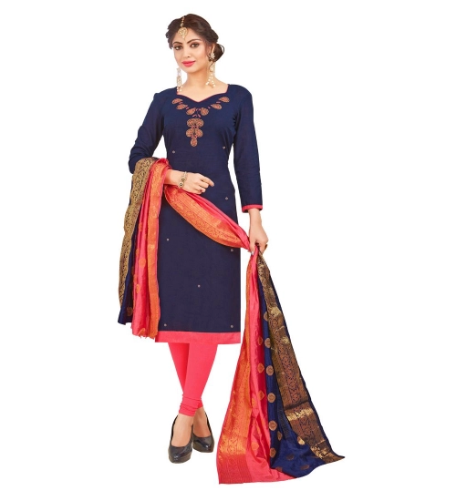 Women's South Slub Cotton Unstitched Salwar-Suit Material With Dupatta (Navy Blue, 2-2.5mtrs)