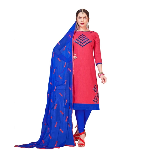 Women's Slub Cotton Unstitched Salwar-Suit Material With Dupatta (Pink, 2-2.5mtrs)