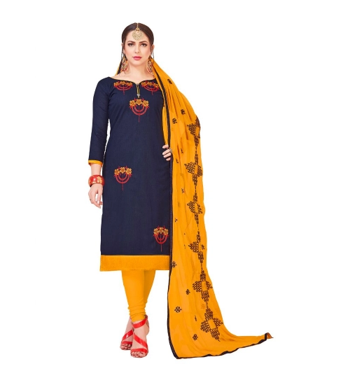 Women's Slub Cotton Unstitched Salwar-Suit Material With Dupatta (Navy Blue, 2-2.5mtrs)