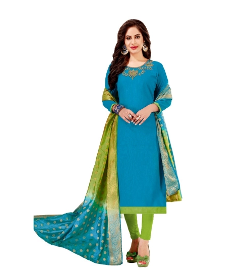 Women's Slub Cotton Unstitched Salwar-Suit Material With Dupatta (Blue, 2-2.5mtrs)