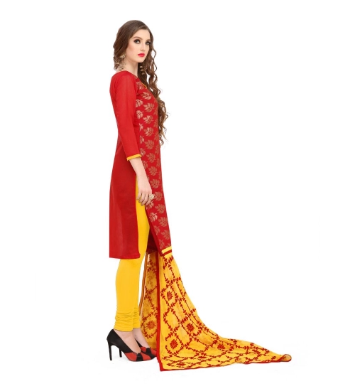 Women's Banarasi Jacquard Unstitched Salwar-Suit Material With Dupatta (Red, 2-2.5mtrs)