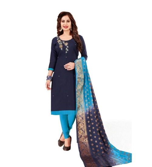 Women's Slub Cotton Unstitched Salwar-Suit Material With Dupatta (Navy Blue, 2 Mtr)