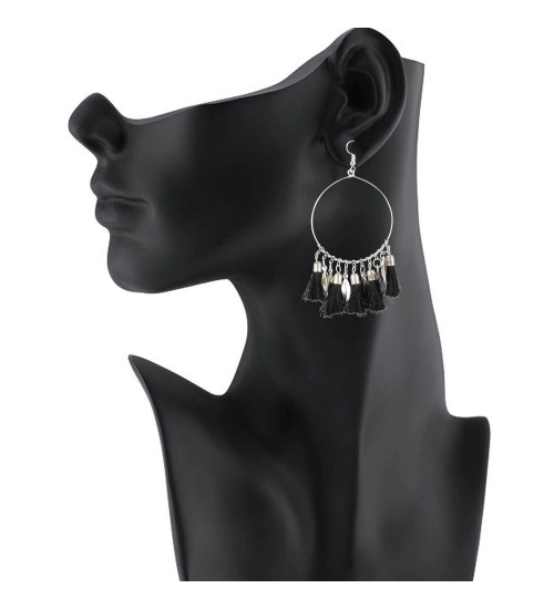 Women's Alloy Hook Dangler Hanging Tassel Fashion Earrings-Black Women's Alloy Hook Dangler Hanging Tassel Fashion Earrings-Black