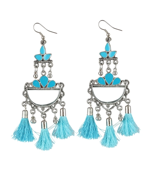 Women's Oxidized Silver plated Firoji Tassels Earrings-silver, Blue