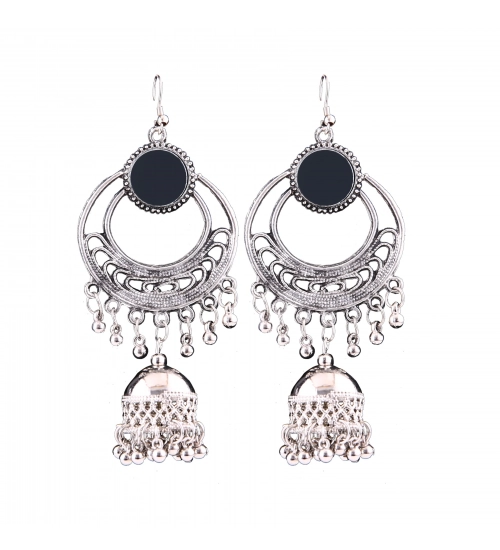 Women's Silver Oxidized Hook Dangler Hanging Afgani Tribal Fancy Earrings-Silver