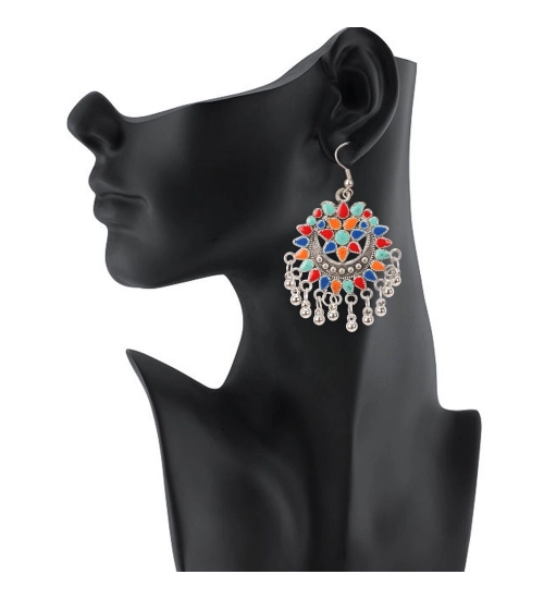 Women's Oxidize Silver plated Hook Dangler Hanging Afgani Earrings-Multicolour