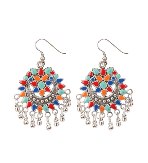 Women's Oxidize Silver plated Hook Dangler Hanging Afgani Earrings-Multicolour