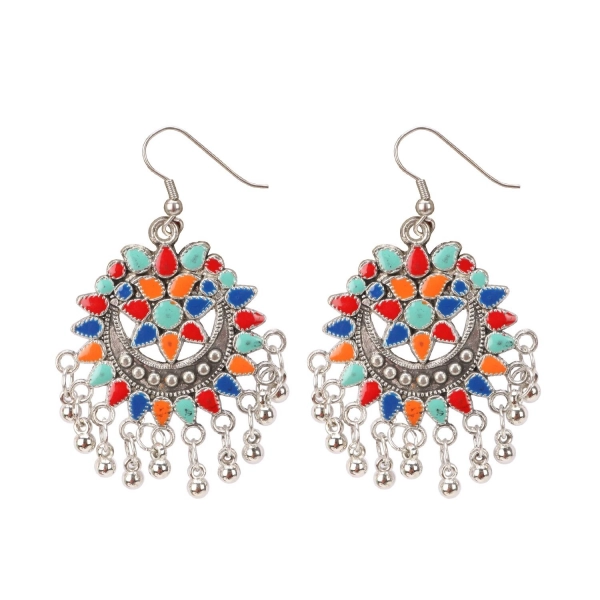 Dropship Women's Oxidize Silver plated Hook Dangler Hanging Afgani Earrings-Multicolour