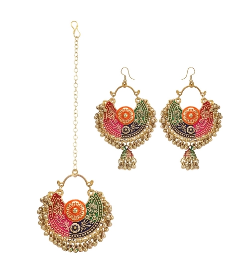 Women's Gold Oxidized Earrings and Maang Tikka-Multi