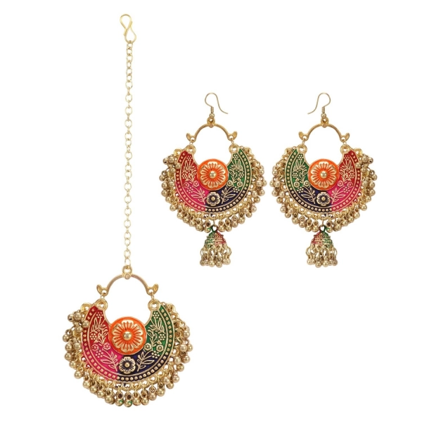 Dropship Women's Gold Oxidized Earrings and Maang Tikka-Multi
