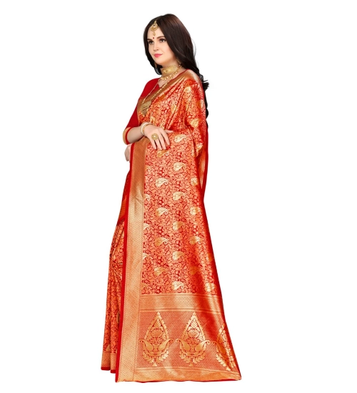 Women's Banarasi silk Saree with Blouse (Red, 5-6mtr)