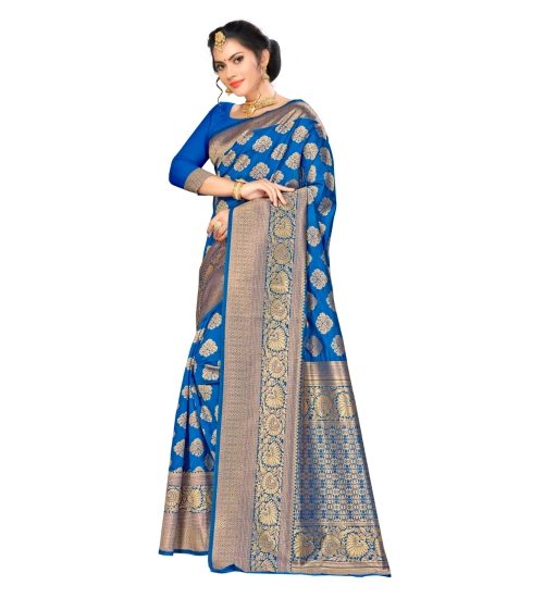 Women's Banarasi silk Saree with Blouse (Blue, 5-6mtr)