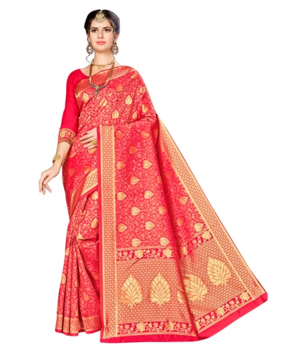 Women's Banarasi silk Saree with Blouse (Red, 5-6mtr)