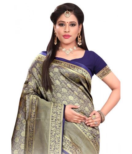 Women's Banarasi silk Saree with Blouse (Navy blue, 5-6mtr)