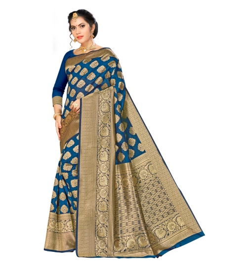 Women's Banarasi silk Saree with Blouse (Navy blue, 5-6mtr)