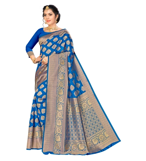 Women's Banarasi silk Saree with Blouse (Blue, 5-6mtr)