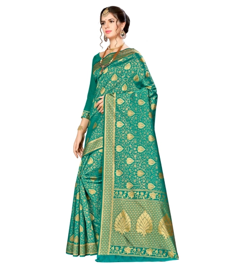 Women's Banarasi silk Saree with Blouse (Green, 5-6mtr)