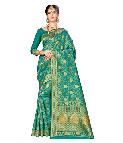 Women's Banarasi silk Saree with Blouse (Green, 5-6mtr)