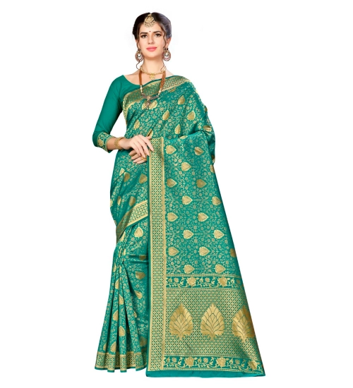 Women's Banarasi silk Saree with Blouse (Green, 5-6mtr)