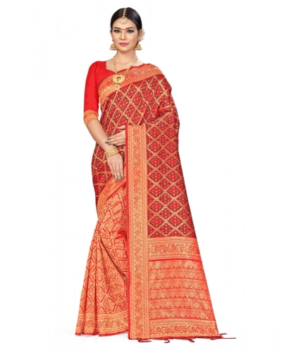 Women's Banarasi silk Saree with Blouse (Red,black, 5-6mtr)