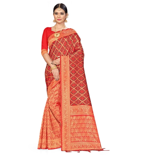 Women's Banarasi silk Saree with Blouse (Red,black, 5-6mtr)