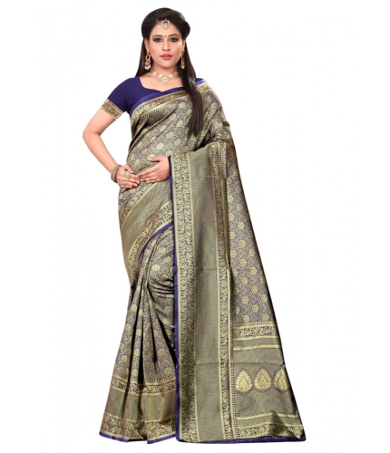 Women's Banarasi silk Saree with Blouse (Navy blue, 5-6mtr)