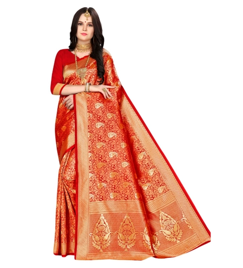 Women's Banarasi silk Saree with Blouse (Red, 5-6mtr)
