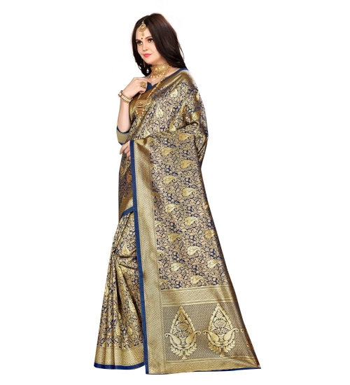 Women's Banarasi silk Saree with Blouse (Navy blue, 5-6mtr)