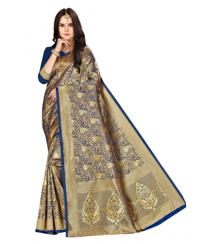 Women's Banarasi silk Saree with Blouse (Navy blue, 5-6mtr)