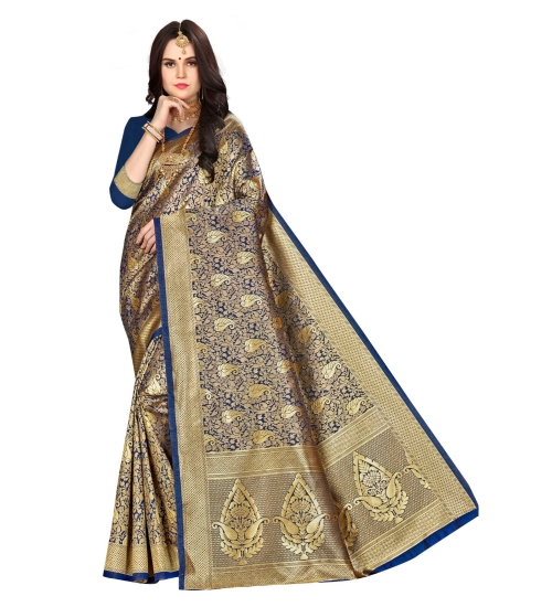 Women's Banarasi silk Saree with Blouse (Navy blue, 5-6mtr)