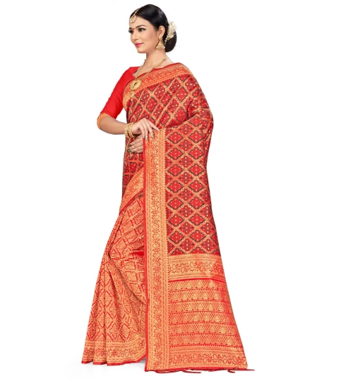 Women's Banarasi silk Saree with Blouse (Red,black, 5-6mtr)