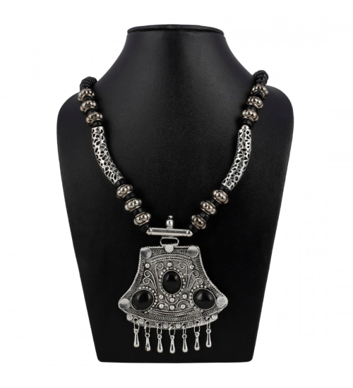 Tibetam Silver and Black Acrylic Beads Necklace