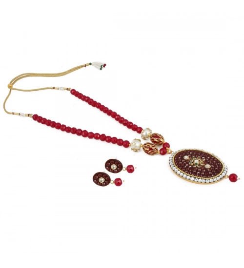 Stylish Maroon Golde Plated Traditional Kundan Necklace Set with Earrings
