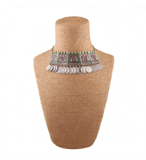 Oxidised Silver Plated Meena Work Choker Necklace