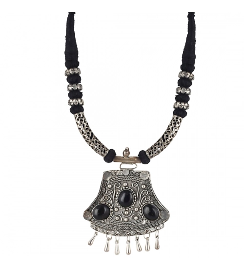 High Finished Black Beads and Oxidized Silver Pendant Designer Necklace