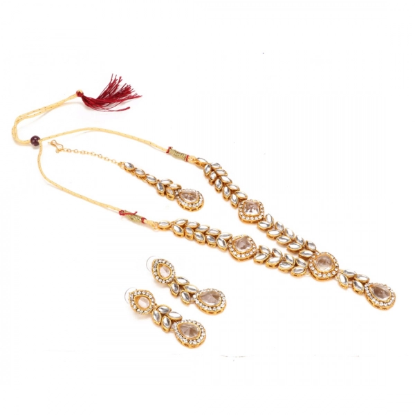 Dropship Gold Plated Traditional Kundan Necklace Set with Earrings and Maang Tikka