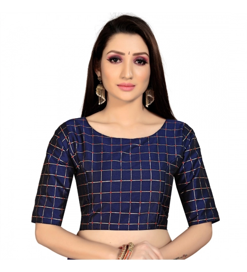 Women's Brocade, Inner-Cotton Full Stitched Padded Blouse (Navy Blue )