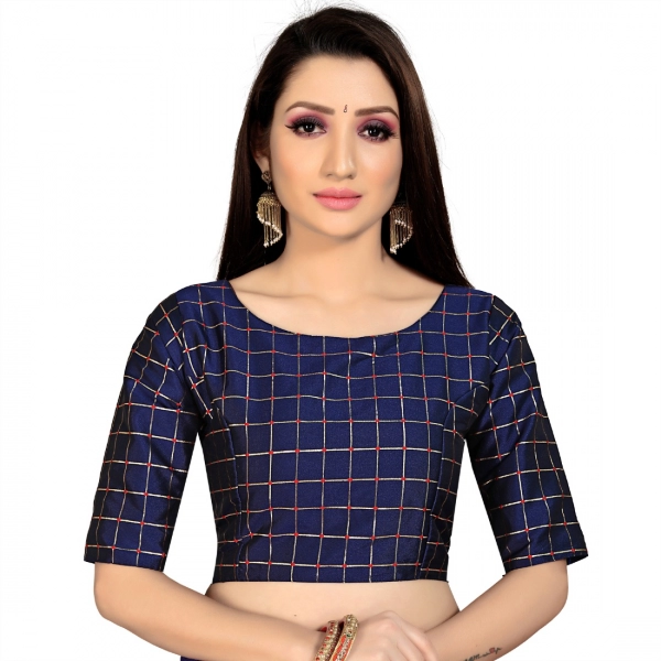 Dropship Women's Brocade, Inner-Cotton Full Stitched Padded Blouse (Navy Blue )