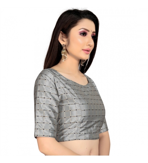 Women's Brocade, Inner-Cotton Full Stitched Padded Blouse (Light Gray )