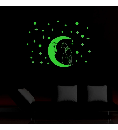 Green Galaxy Of Stars With Moon Radium Night Glow Wall Sticker