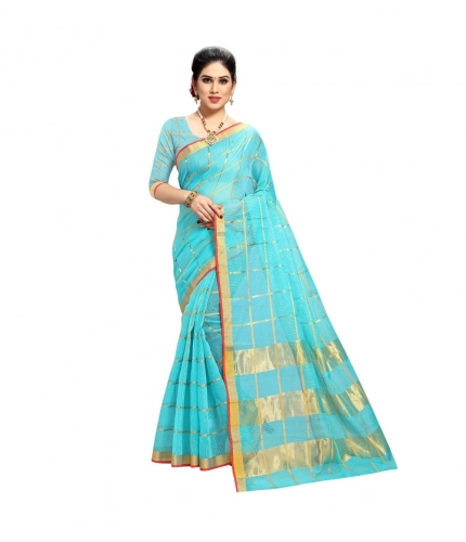 Women's Kota Doria Cotton Saree With Blouse (Sky Blue,6-3 Mtrs)