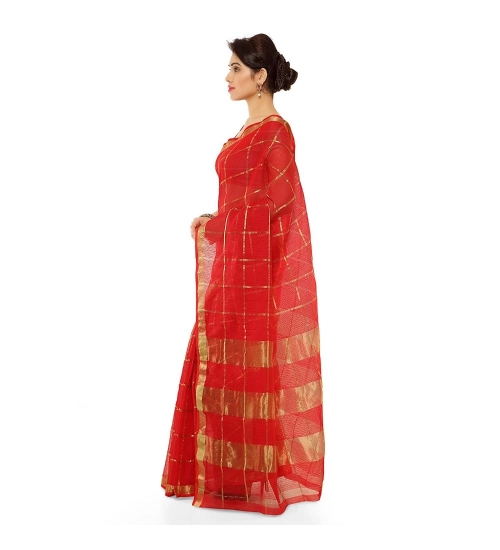 Women's Kota Doria Cotton Saree With Blouse (Red,6-3 Mtrs)