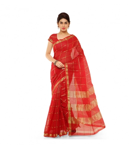 Women's Kota Doria Cotton Saree With Blouse (Red,6-3 Mtrs)