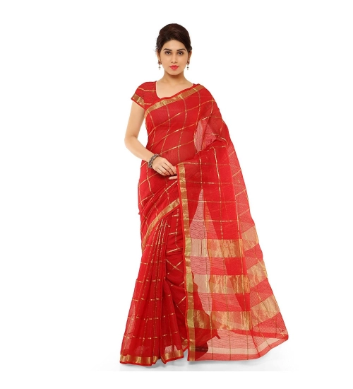 Women's Kota Doria Cotton Saree With Blouse (Red,6-3 Mtrs)